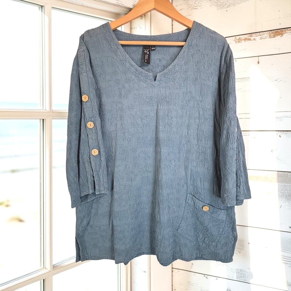 Lagenlook Tunic Top L Blue 100% Cotton Embroidered Pocket Wood Buttons Earthy